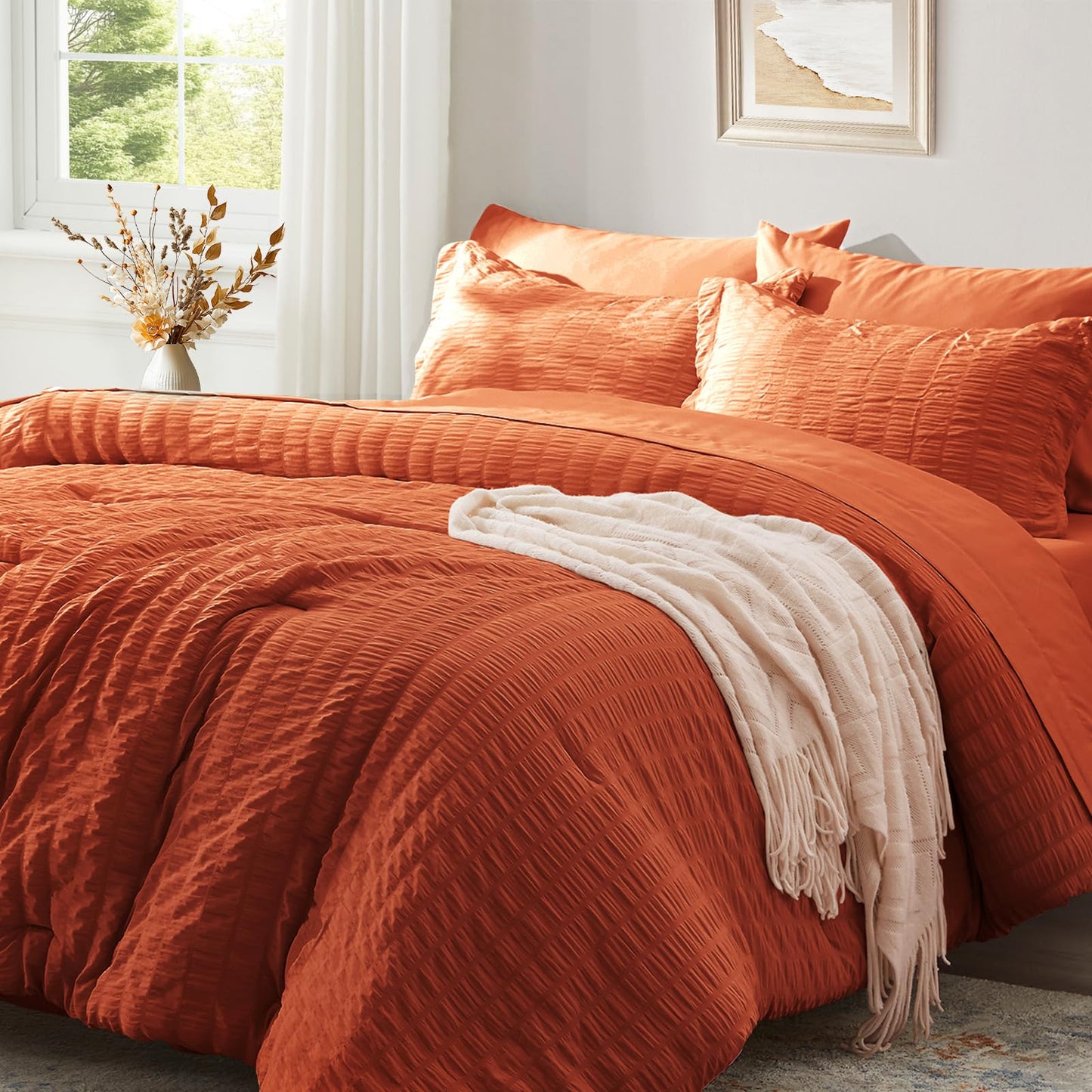 Zzlpp Queen Comforter Set 7 pieces, Burnt Orange Seersucker Bed in a Bag with Sheets, Lightweight Bedding Sets with 1 Comforter, 2 Pillow Shams, 2 Pillowcases, 1 Flat Sheet, 1 Fitted Sheet