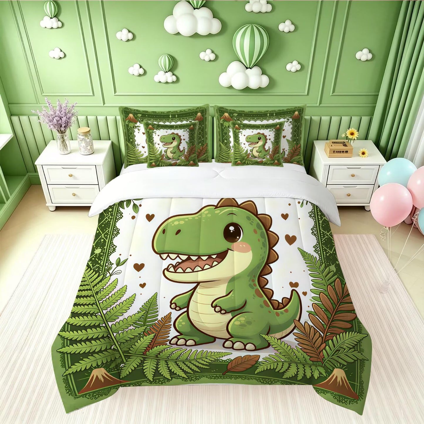 FUYEUN 7 Pcs Kids Bedding Comforter Set Queen Size, Cartoon Dinosaur & Volcano Print, Ultra Soft Microfiber Bed in a Bag with Flat Sheet & Pillowcases,Children Bedroom Decor