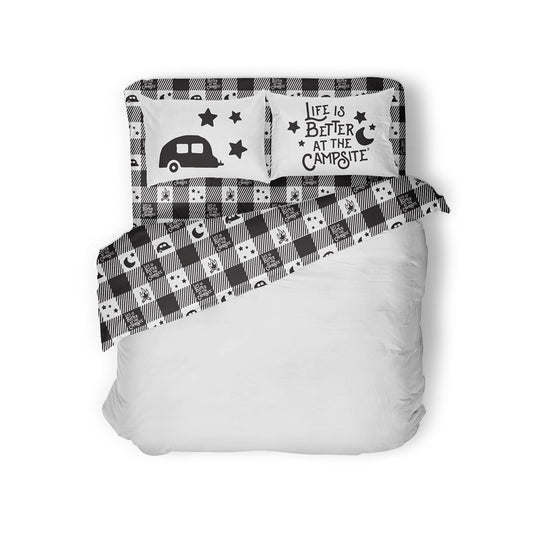 Camco Life is Better at The Campsite Camper/RV King Sized Bed Sheet Set | Features Camping Theme Design on Buffalo Plaid Pattern | Crafted of Soft Machine Washable Polyester | 4-Piece Set (53474)