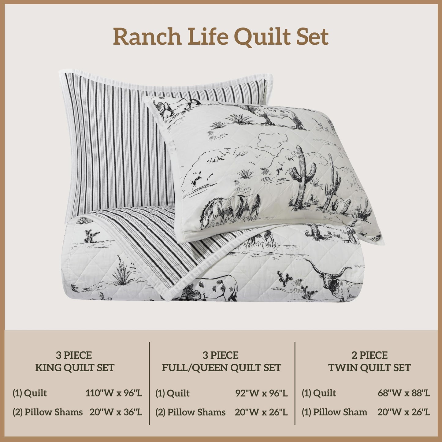 Paseo Road Ranch Life Full Queen Cotton Quilt Set, 3 Piece Western Bedding Set with Pillow Shams, Black White Reversible Quilt with Cowboy Longhorn Horse Cow Print, Soft Cozy Rustic Farmhouse Bedding