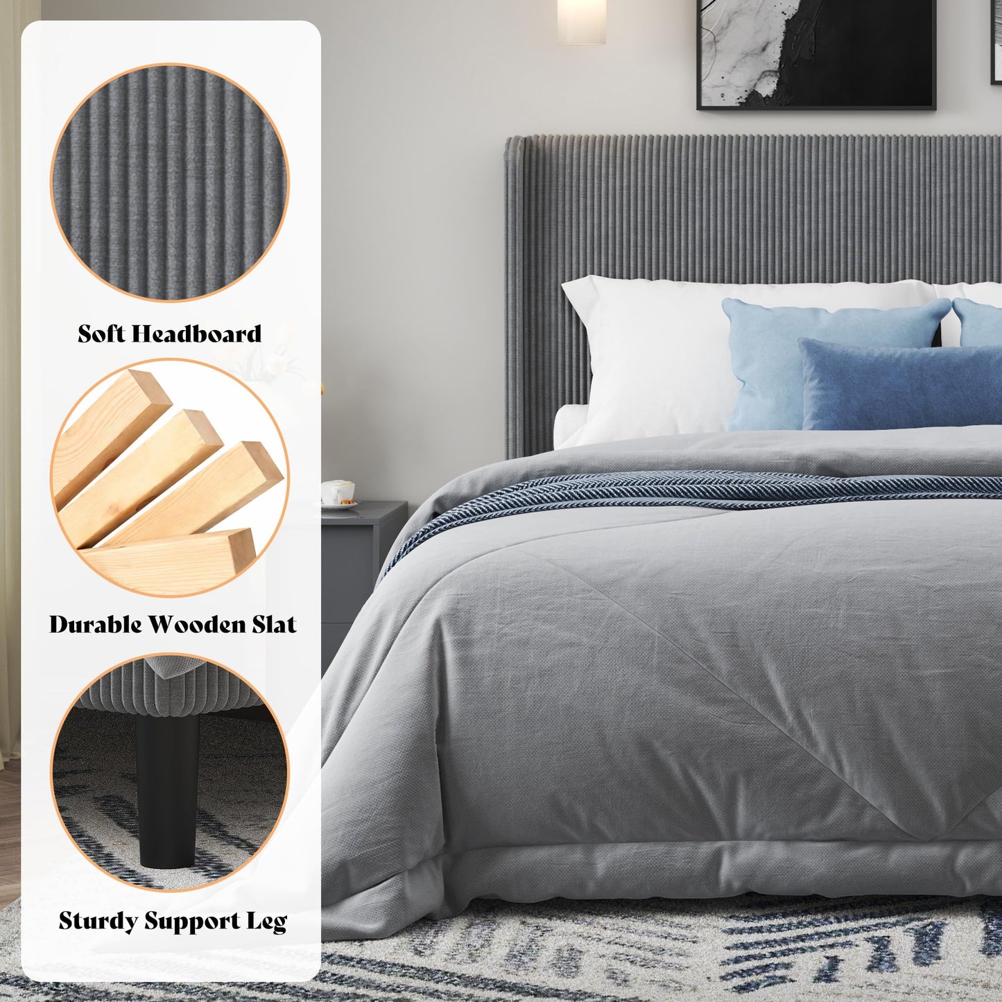 AMERLIFE King Bed Frame, Upholstered Platform Bed with Corduroy Headboard, Easy Assembly Modern Grey Bed Frame with Wooden Slats Support, No Box Spring Needed