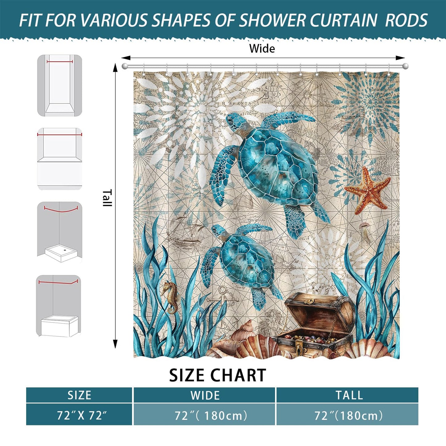 AMLabubu Blue Sea Turtles Nautical Shower Curtain Set, Ocean Beach Boho Bathroom Decor, Polyester Cloth Fabric Bath Curtain with 12 Hooks 72" W x 72" L