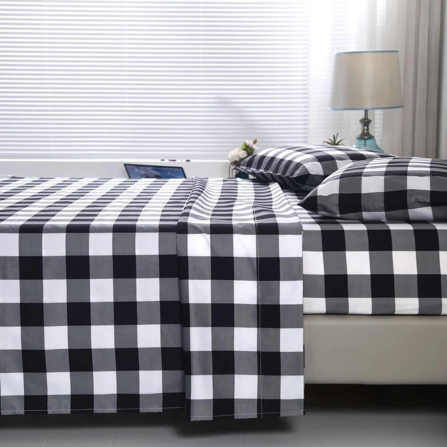 SDIII 4 Pieces Black and White Gingham Sheets Twin Size Bed Set, Soft Microfiber Striped Bed Sheets Twin, Black and White Checkered Bedding Sheet Set