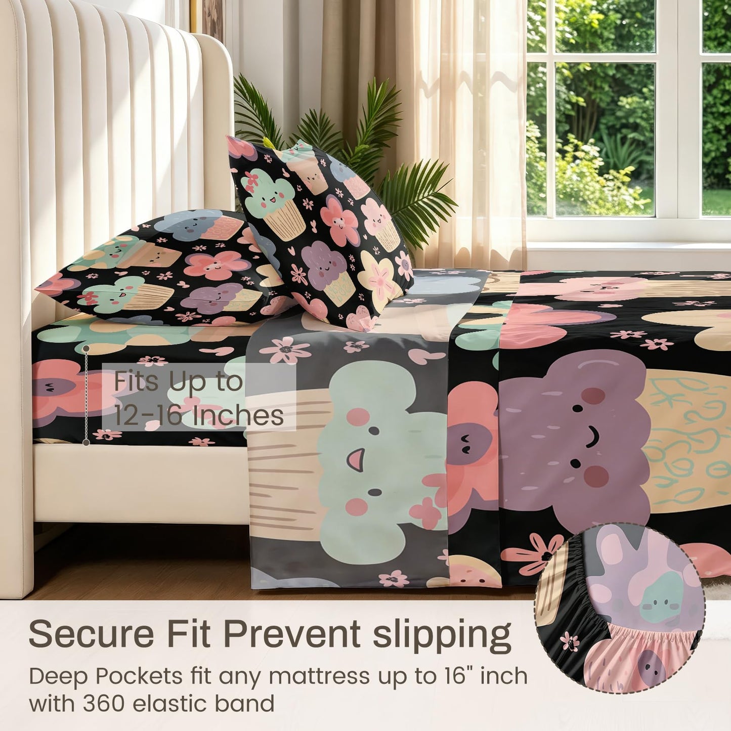 Girls Flower Bedding Set 4 Pcs Kawaii Food Full Sheets