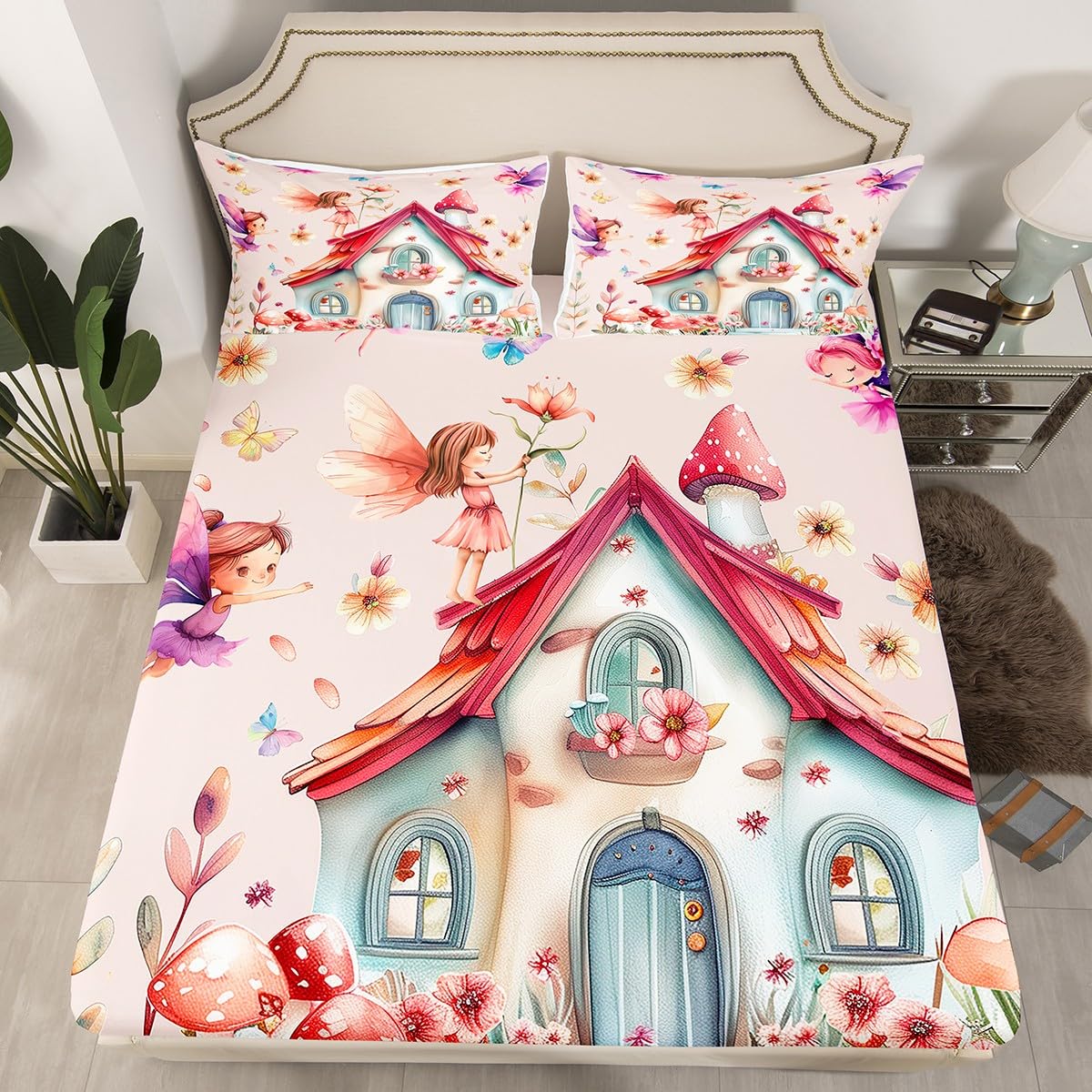 Erosebridal Floral Fairy Twin Bedding Set,Dreamy Fairy Garden Fitted Sheet for Girls Kids,Cute Mushroom Butterfly Bed Set,Kawaii Girly Flower Bed Sheets 2Pcs Room Decor (No Flat Sheet)