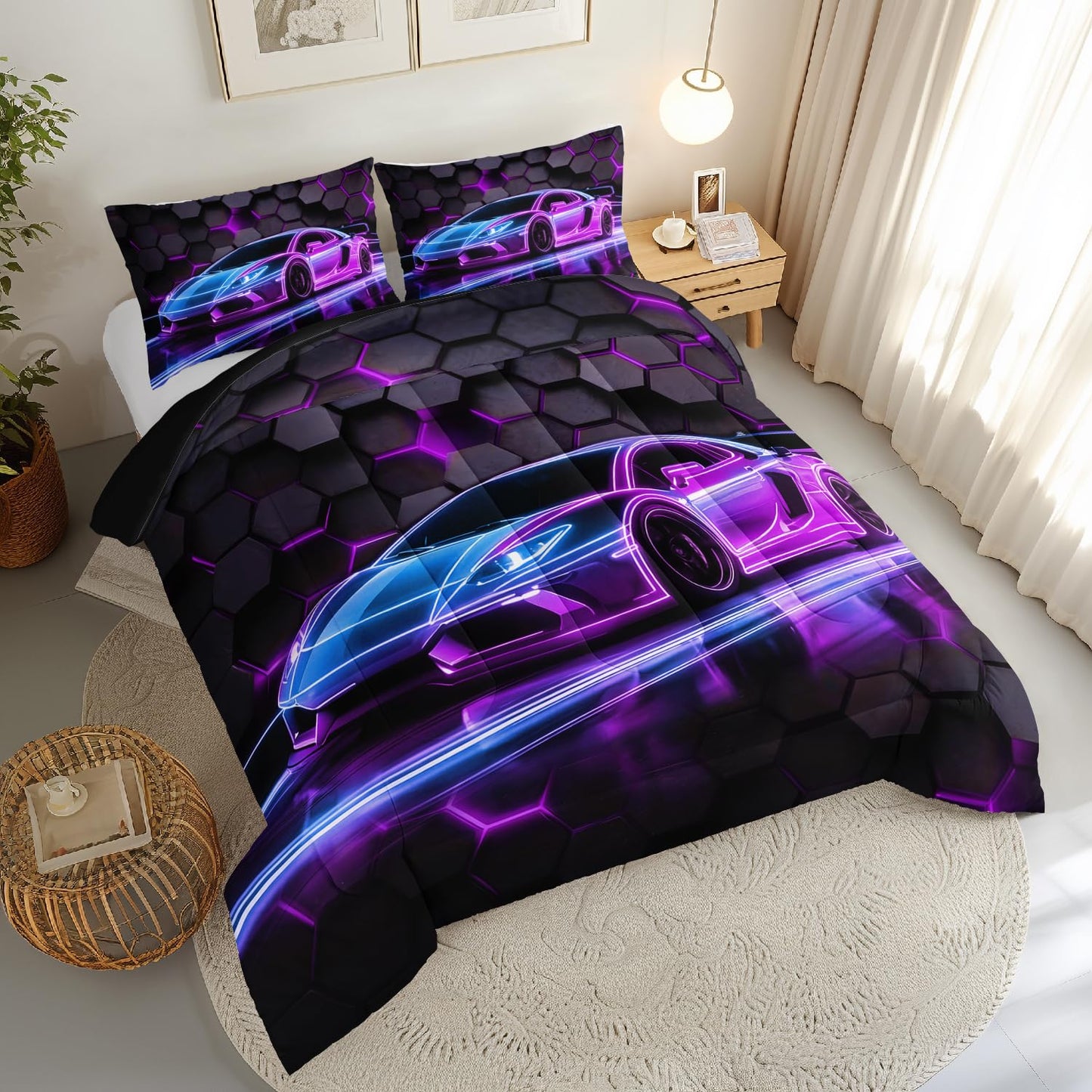 HOSIMA Boys Race Car Queen Bedding Sets,Honeycomb Geometric Background Neon Pattern Cool Extreme Sports Bedding for Kids Men Car Room Decor,Gaming Comforter with 2 Pillowcases.