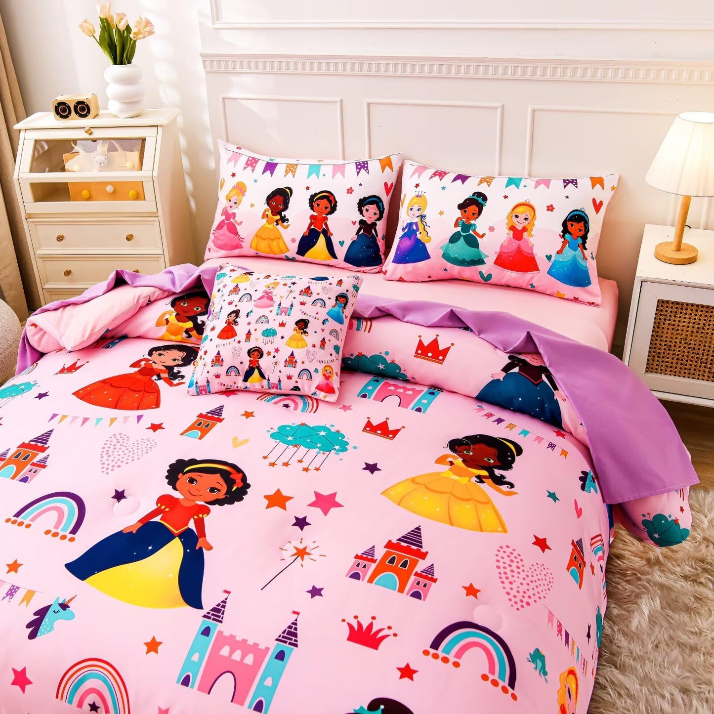 GRAT TIOC 6 Pieces Pink Princess Comforter Set for Girls Twin,Bed in A Bag Princess Bedding Set for Girl Kids (1 Comforter,1 Flat Sheet,1 Fitted Sheet,2 Pillowcases and 1 Cushion Cover)