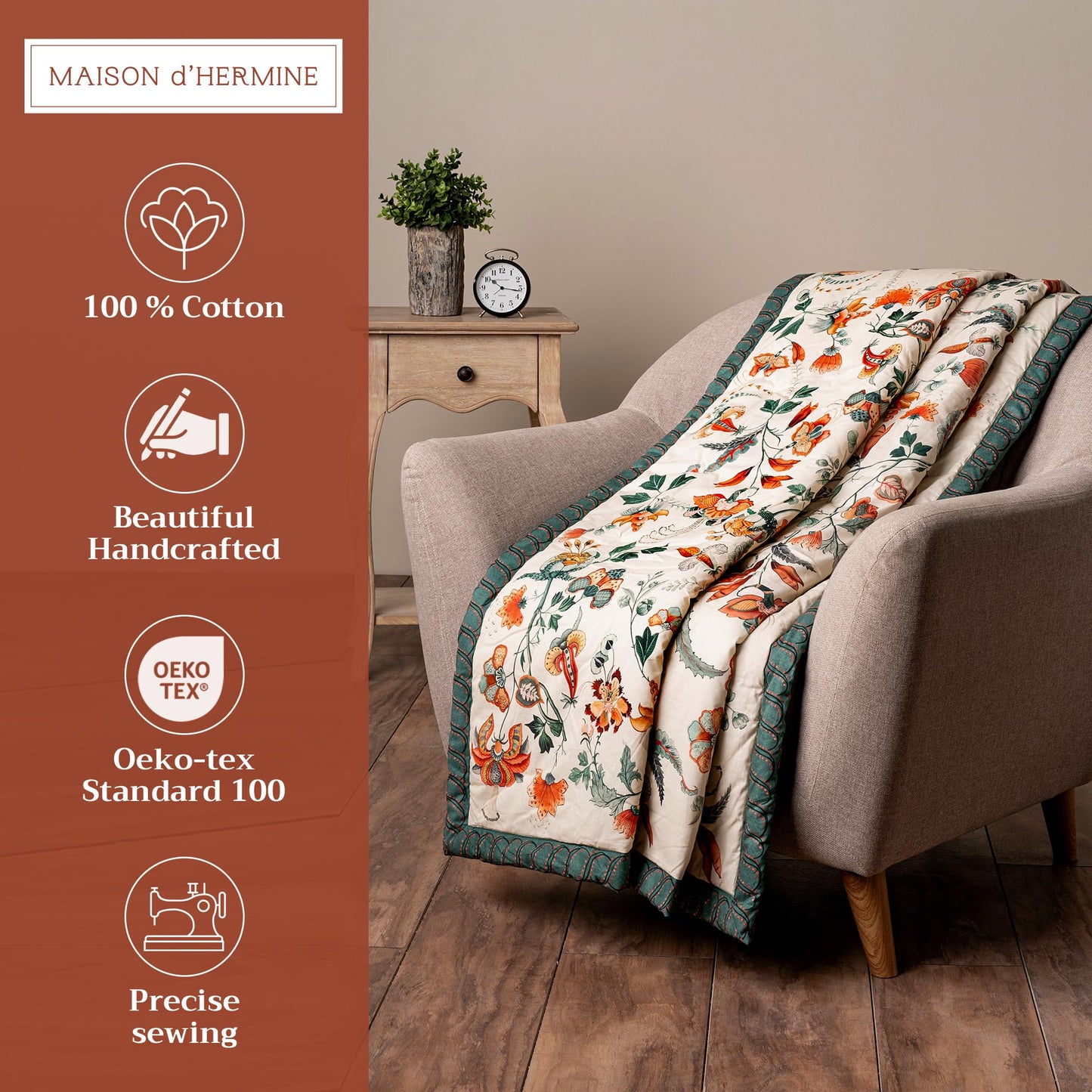 Maison d' Hermine Throw Blanket for Couch Lightweight Soft Warm Breathable Cotton Throw Blankets for Bed Girls Boys Women Men Gifts Sofa Travel Living Room Spring Summer (Dalida, 60" X 80")