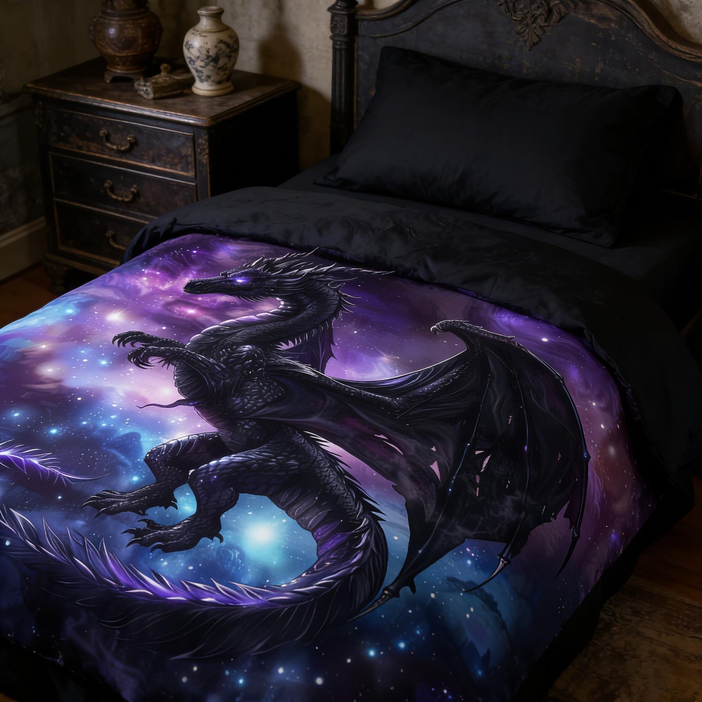 CCoutueChen Fantasy Dragon Bedding Set Purple Blue Nebula Comforter Set Queen Size Mysterious Outer Space Bedding Set for Kids Boys Girls Teens Room Decor Safari Wildlife Animals Quilt Set