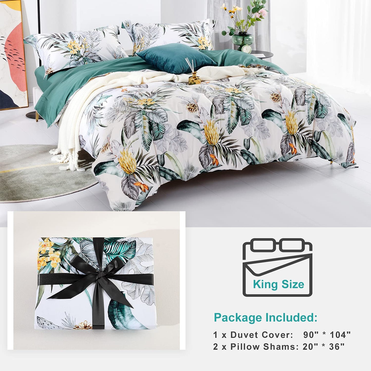 MILDLY 100% Long Staple Cotton King Duvet Cover 3 Pieces Set Summer Tropical Plantain and Floral Pattern Comforter Cover Set