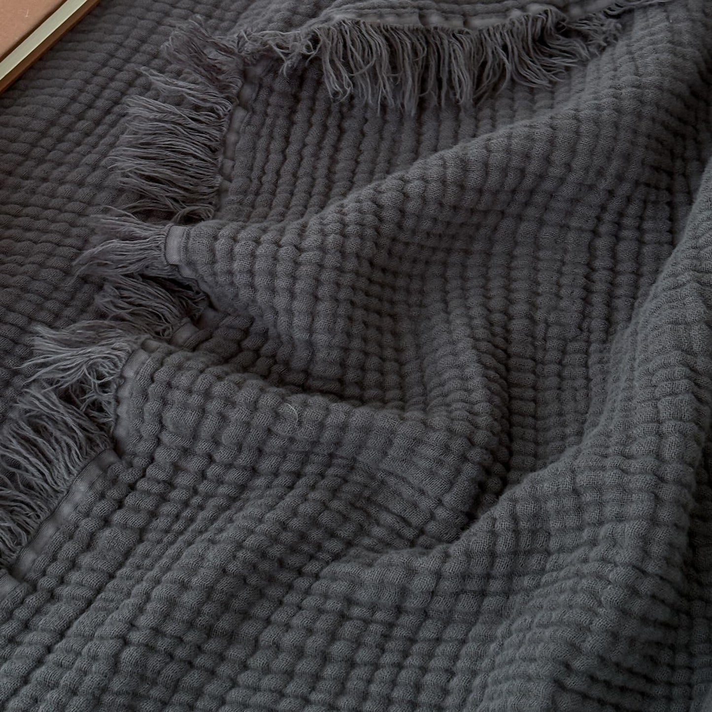 MorroMorn 100% Cotton Muslin Throw Blanket with Fringes 50"x60", 4-Layer Cotton Gauze Blankets for Adults, Boho Bedding Breathable Lightweight Ultra-Soft for Couch Bed Sofa All Seasons, Dark Grey