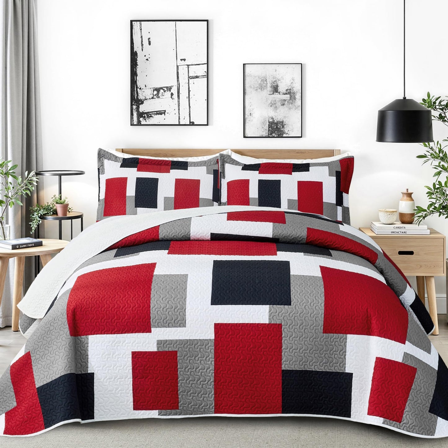 Tyrot 3 Piece Red Black Grey Quilt Set King Size Red and White Geometric Reversible Bedding Set Microfiber Lightweight Bedspread Coverlet with 2 Shams Modern Bed Cover for All Season, 106''x96''