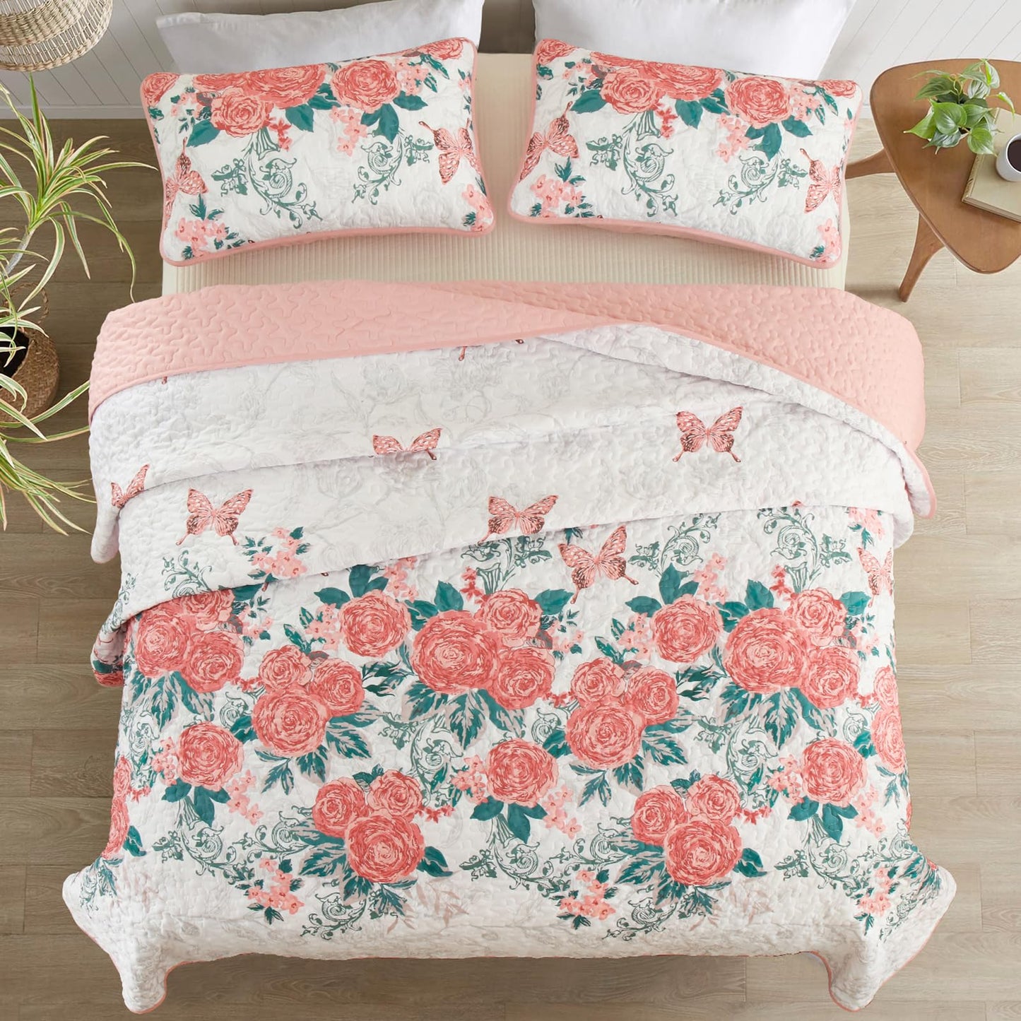 Yiran Pink Floral Quilt Set Queen Size Summer Botanical Bedspreads Bedding Set 3 Pieces Lightweight Rose Flowers Printed Coverlet with 2 Pillow Shams for All Season 96x90 Inch