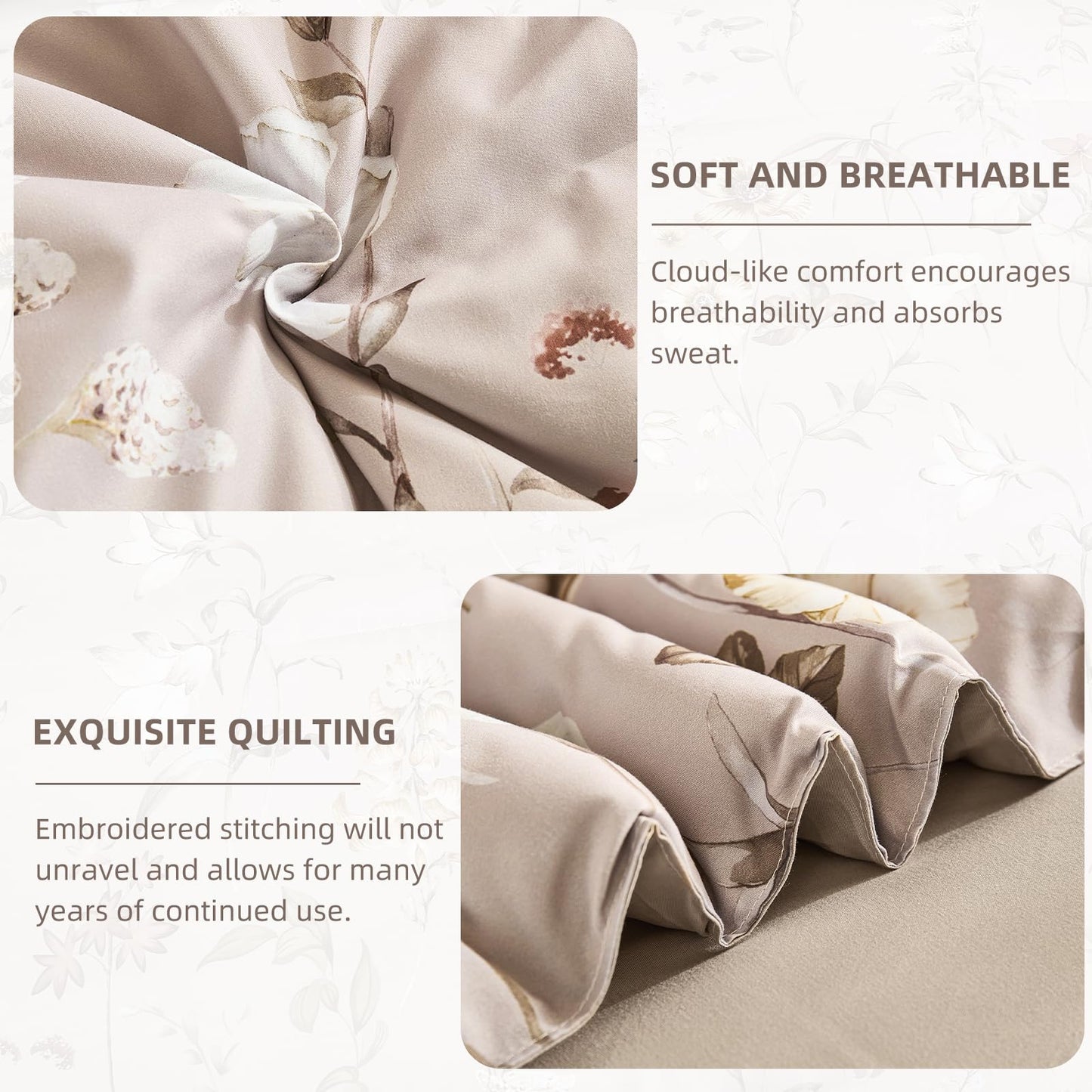 DJY King Size Comforter Set,Taupe Botanical Floral Bedding Comforter Sets King for All Seasons, 7 Pieces King Bed in a Bag Lightweight Microfiber Comforter Set with Sheets Pillowcases & Shams