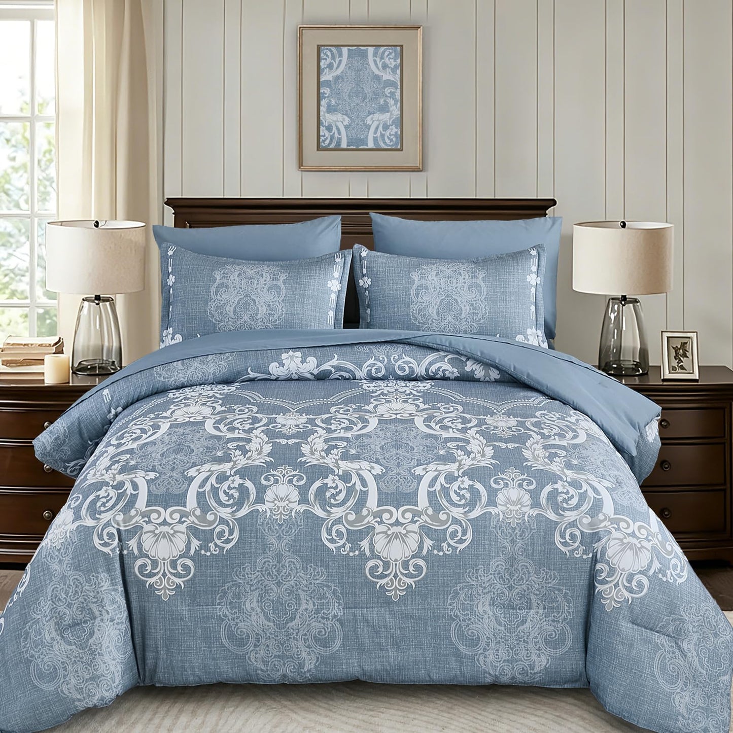 Mybedsoul Bluish Grey Queen Comforter Set, 7 Pieces Boho Bed in a Bag for Queen Bed, Damask Comforter with Sheets Pillowcases, Soft Microfiber Lightweight Bedding Sets for All Season(90"x90")