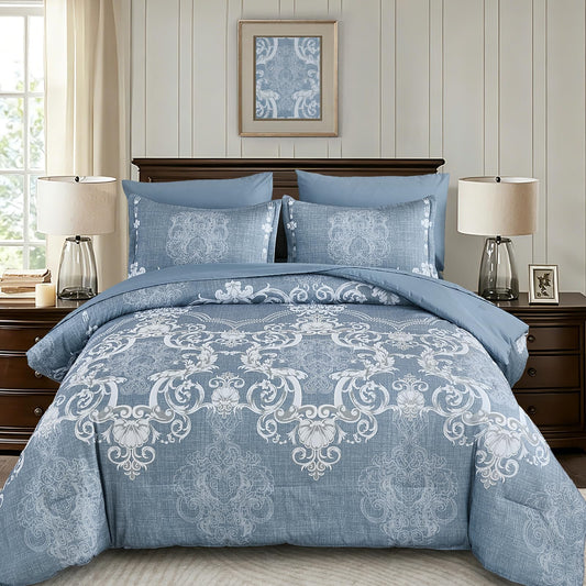 Mybedsoul Bluish Grey Queen Comforter Set, 7 Pieces Boho Bed in a Bag for Queen Bed, Damask Comforter with Sheets Pillowcases, Soft Microfiber Lightweight Bedding Sets for All Season(90"x90")