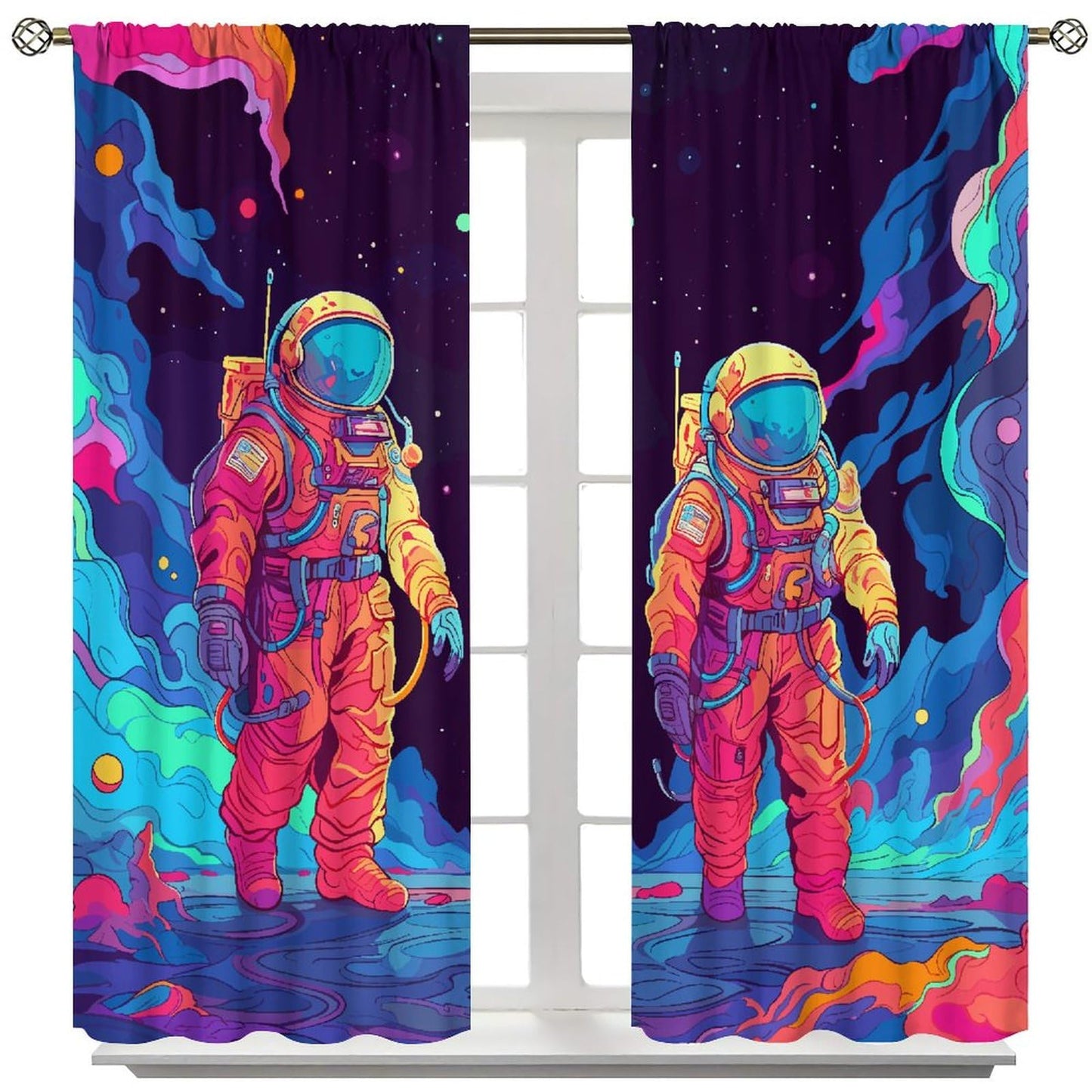 Astronaut Curtains, Cartoon Abstract Cool Colorful Funny Outer Space Cosmic Spaceman Blackout Window Treatments, Thermally Insulated Rod Pocket Drapes For Boys Teen Men Bedroom Living Room 63x72in