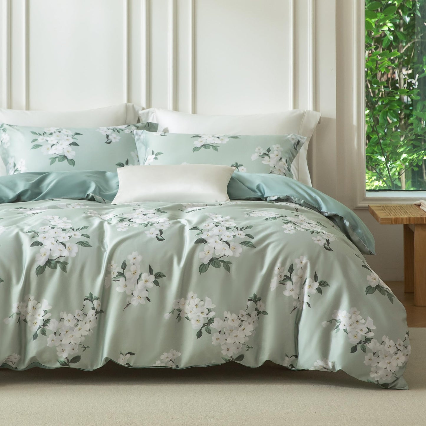 MILDLY Queen Size Duvet Cover Set 100% Long-Staple Cotton Luxury Sage Green Floral Patten Reversible Comforter Cover Set 3Pcs