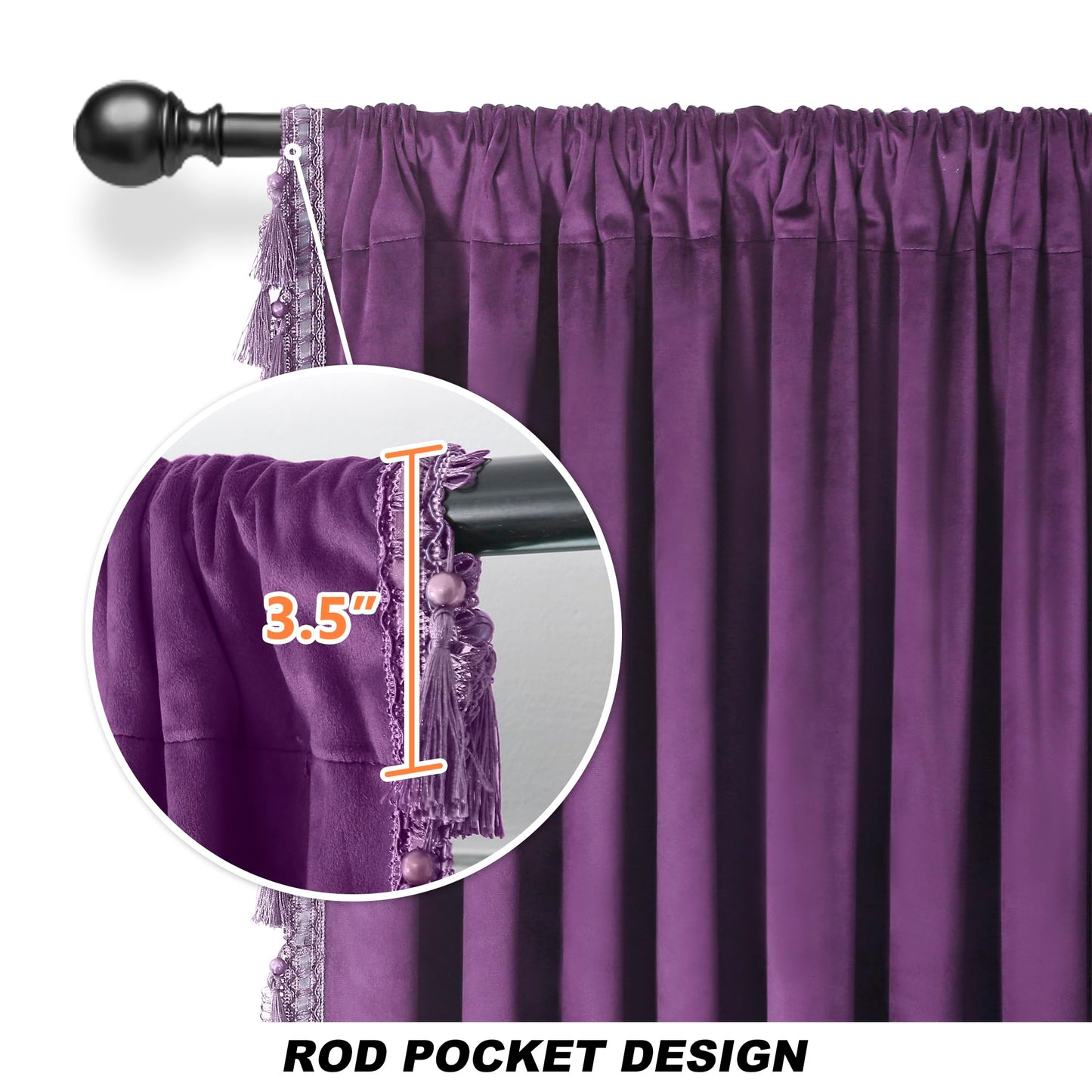 Fazhesici Purple Blackout Velvet Curtains 72 inch Length Windows Rod Pocket Drapes with Tassels Soundproof Thermal Curtains for Living Room 2 Panels Set 52" x 72"