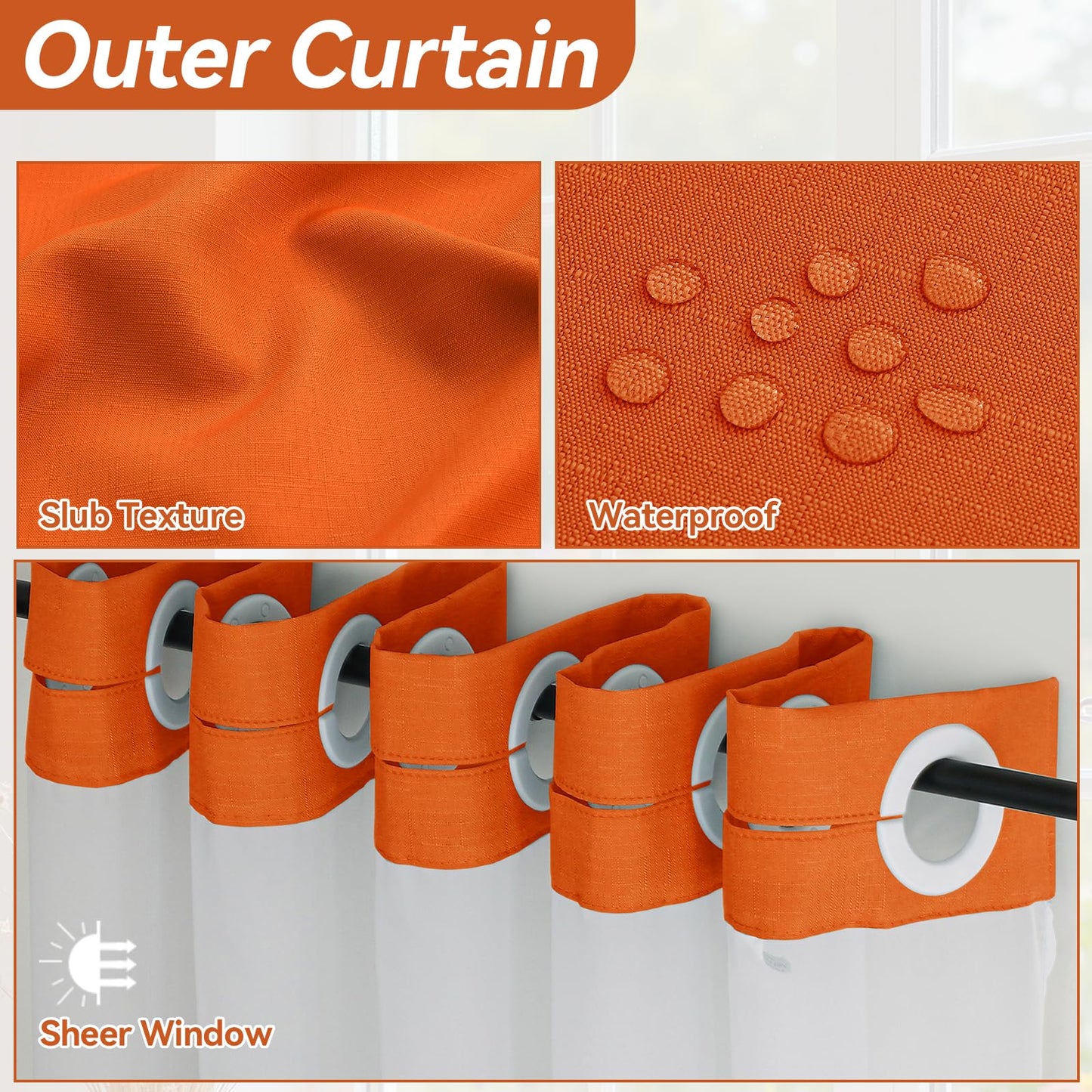 Blotixn Fall No Hook Slub Textured Shower Curtain with Snap in Fabric Liner, Modern Hotel Style with See Through Top Window, Orange Fabric Outer Curtain & Waterproof Inner Liner, 72 * 75 in