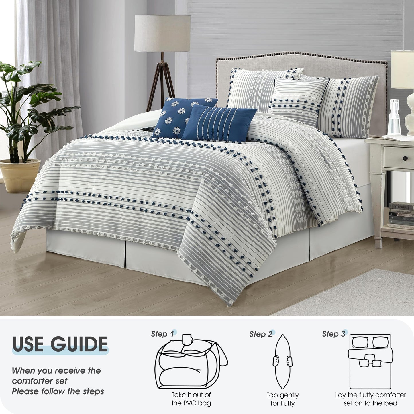 LANCO MODERN LIFESTYLE California King Comforter Set, Blue, Jaquard Clip Striped Design, Elegant Soft 7 Pieces Bedding Set for All Seasons, Matching Bedskirt, Pillow Shams and Decor Pillows