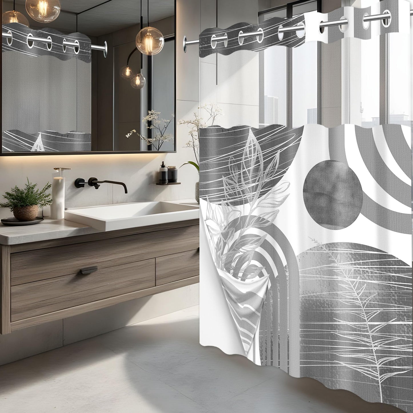 Boho Modern Hookless Shower Curtain, Black Grey White, 71" W x 74" L