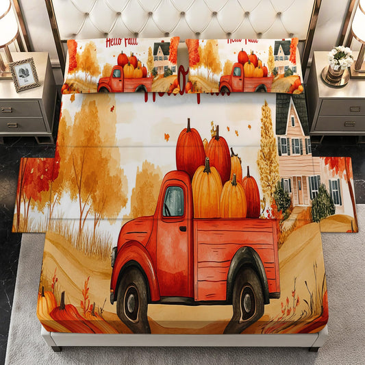 Zoainuos Fall Decor for Bedroom, Vintage Truck Pumpkin Sheets Full Size Bed Sheet Set, Soft Microfiber Deep Pocket Wrinkle Free Bedding Sheets & Pillowcases, Autumn Gifts