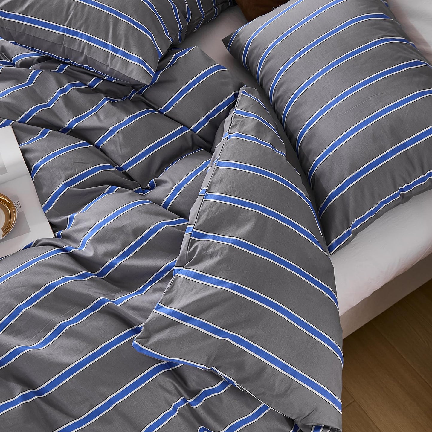 Merryword 100% Cotton Comforter Set King Size - Blue and Gray Striped Comforter with 2 Pillowcases, Luxury & Silky Soft Comforter Set for All Seasons