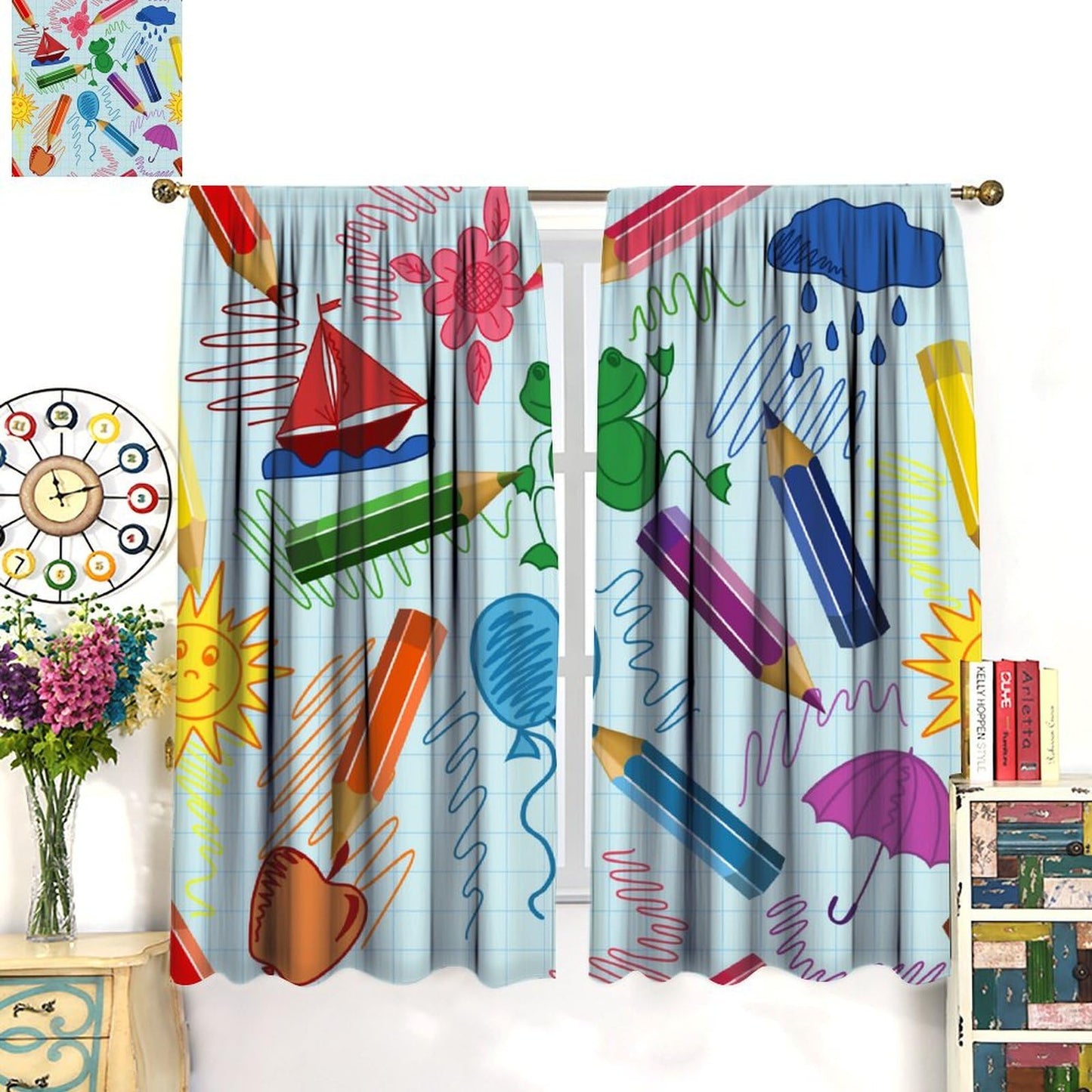 AAVEUP Scientific Creativity Curtain for Kids Bedroom,Cartoon Education Learning Science Atom Robot Pencil Good Idea Window Drapes Print for Boys Nursery Children Toddler Bedroom 42x45in（No Blackout）