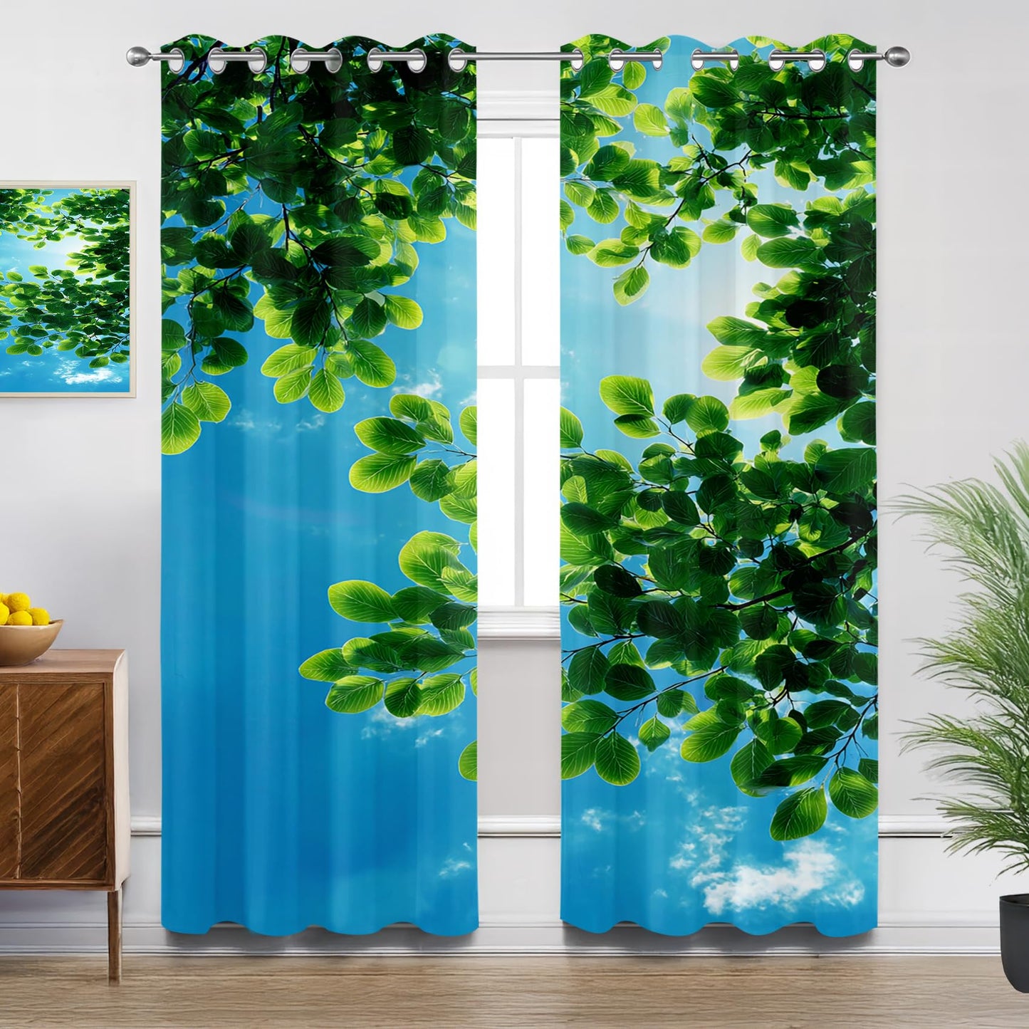 Solvivae Tree Black Out Curtains 63 Inch Long, Blue Sky Green Tree Nature Landscape Curtains for Bedroom Living Room, Room Darkening Thermal Insulated Grommet Drapes, Patterned Window Treatments