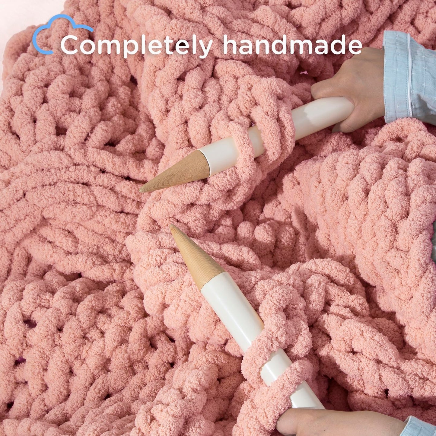 CLOUDS HUG Chunky Knit Blanket Throw - 100% Hand Knitted Chunky Soft Throw Blanket for Couch, Thick and Warm Blanket for Winter, Pink, 50x60 Inches