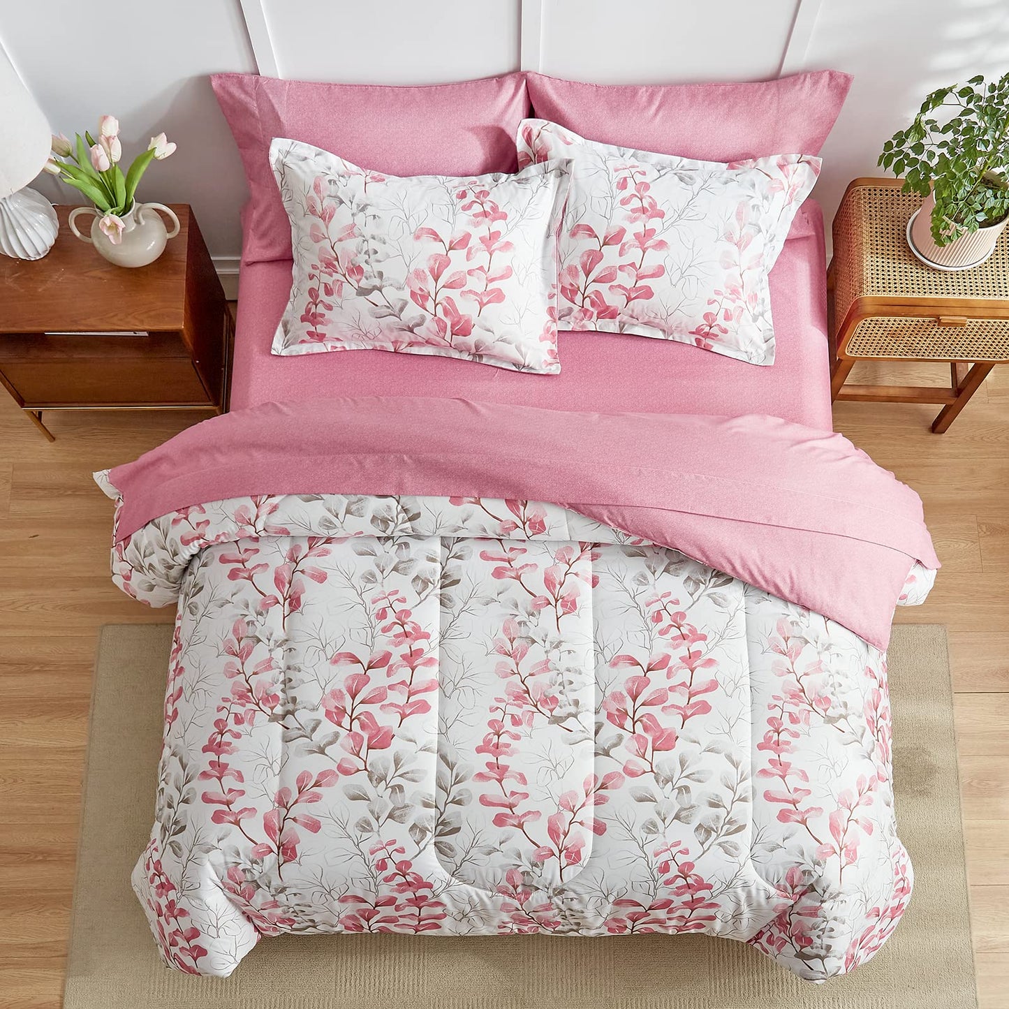 Pink Floral Comforter Sheet Set Bed in a Bag 7 Pieces Queen Size Pink Gray Flower Leaves Bedding Set (1 Comforter 2 Pillow Shams 1 Flat Sheet 1 Fitted Sheet 2 Pillowcases)