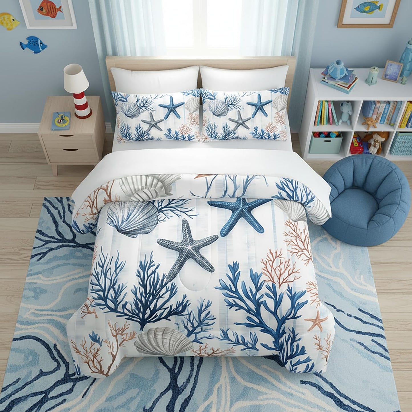 QOOMO Coastal 7 Pieces Comforter Set Queen Size,Coral Starfish Bedding Set for Kids Teens Girls-Include 1 Comforter,1 Fitted Sheet,1 Flat Sheet,2 Printing Pillowcases and 2 Black Pillowcases