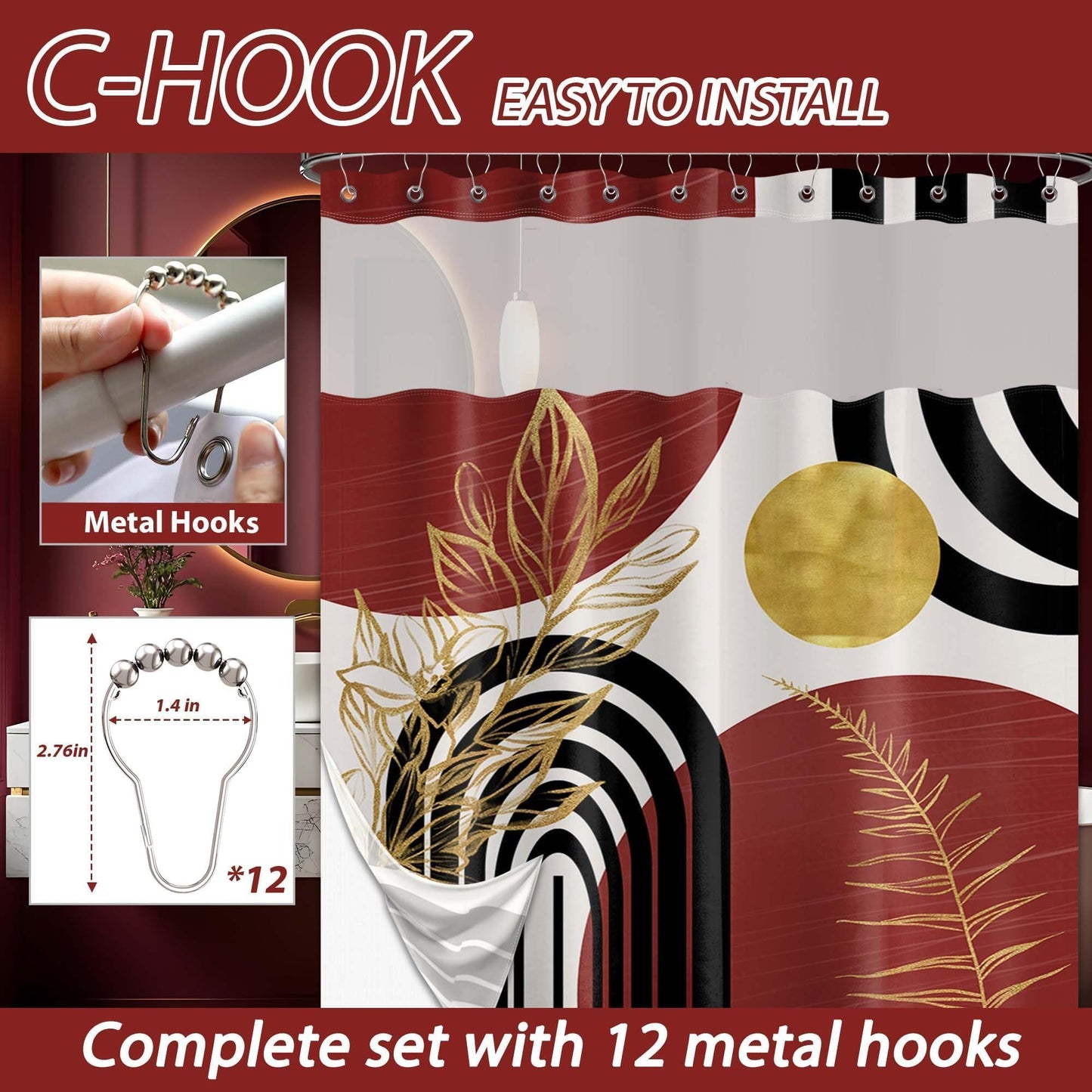 Bxpaitx Black and Red Boho See Through Mesh Top Shower Curtain with Window, Dark Red Mid Century Modern Mens Double Layer Shower Curtains with Snap in Liner, Waterproof Fabric with Hooks, 71x72 in