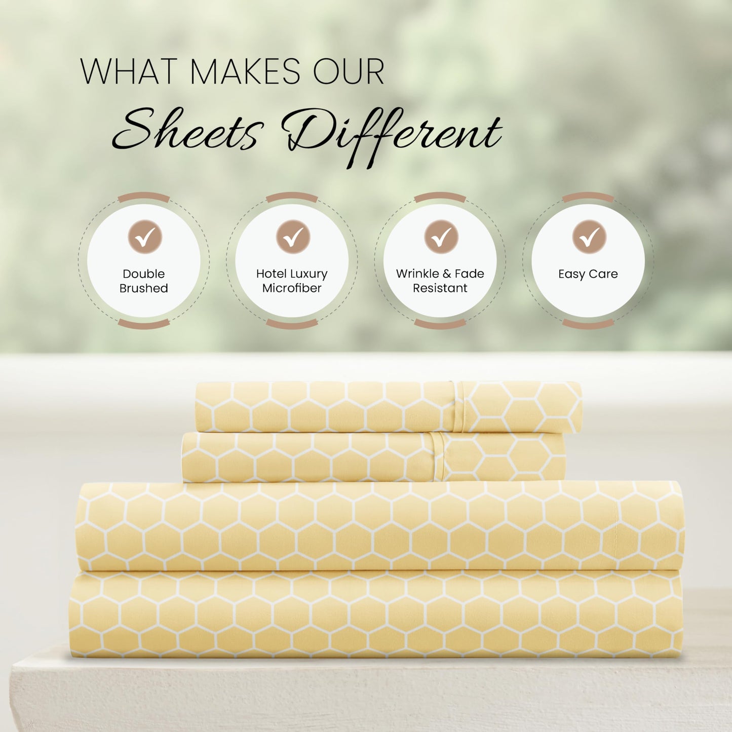 Linen Market Patterned Microfiber Full Sheet Set 4 Piece – Oeko-TEX Certified Ultra Soft & Wrinkle-Free - 16" Deep Pocket Sheets - Easy Care Full Size - Honeycomb Yellow