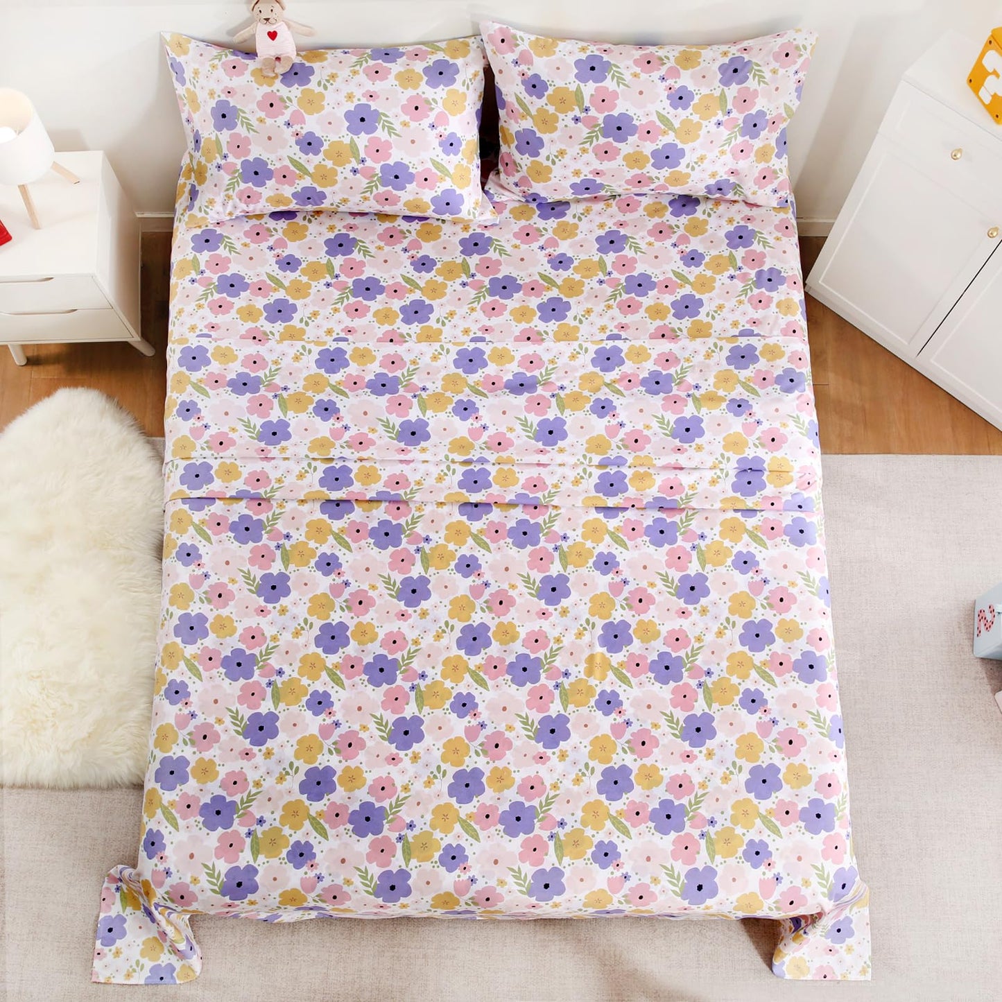 LONAVA Twin Sheet Set Kids - 3 Pieces Soft Microfiber Cartoon Style Bedsheets for Boys Girls Teens, Oeko TEX, Breathable Deep Pocket Sheets, (Flower)