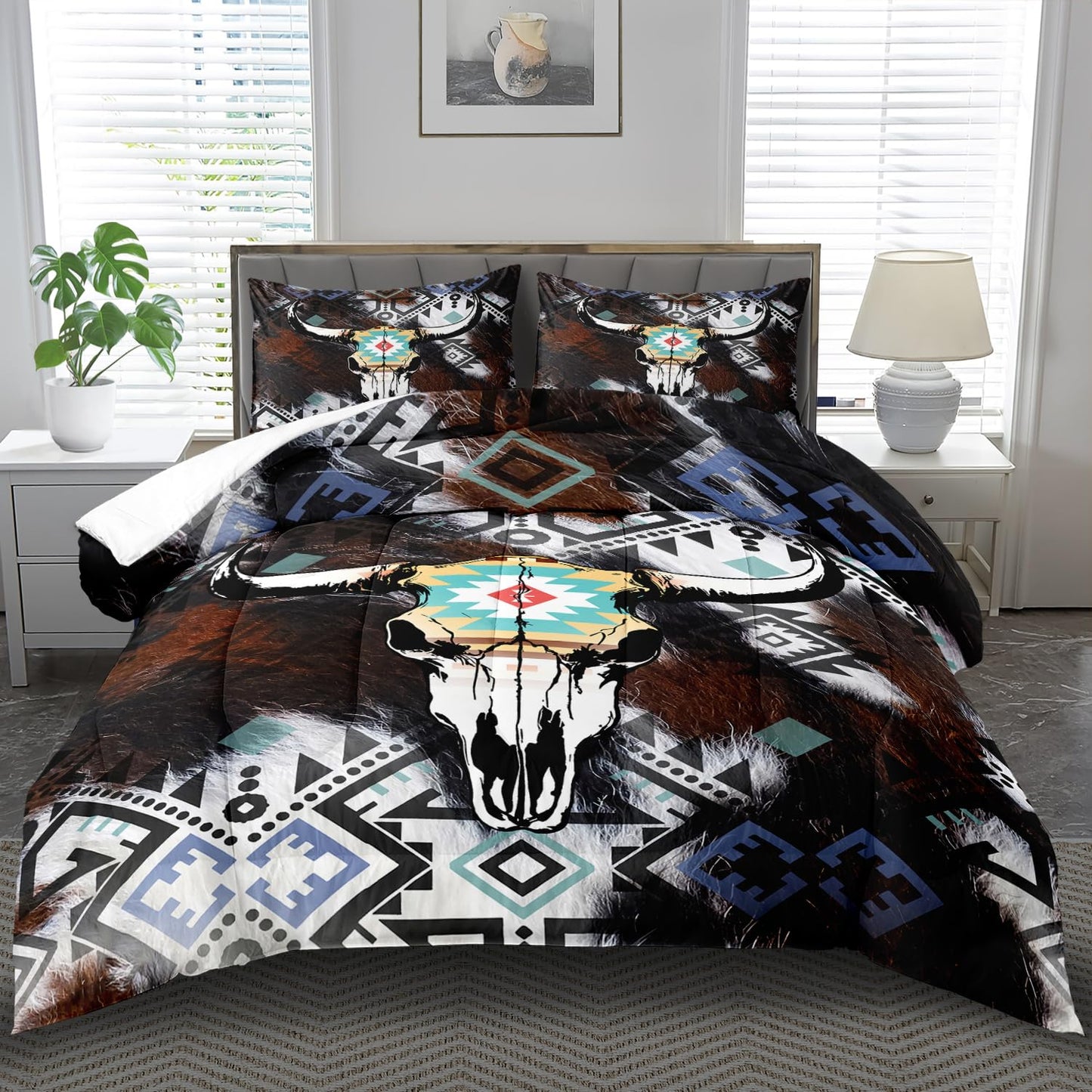 llyxsesty Western Comforter Set Queen,Shabby Chic Bedding Sets Queen,Boho Comforter Farmhouse Bedroom Decor,Cow Skull Western Quilt Cowboy Party Decorations,Cowboy Farmhouse Quilt for Boy