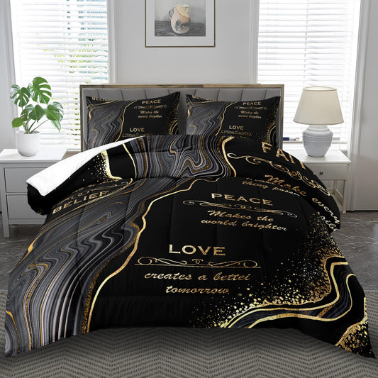 llyxsesty Black and Gold Comforter Set Queen,Marble Comforter for Boys,Black and Gold Bedding Set Queen,Marble Bedding for Girls,Goth Vintage Quilt Aldult,Goth Vintage Bedroom Decor
