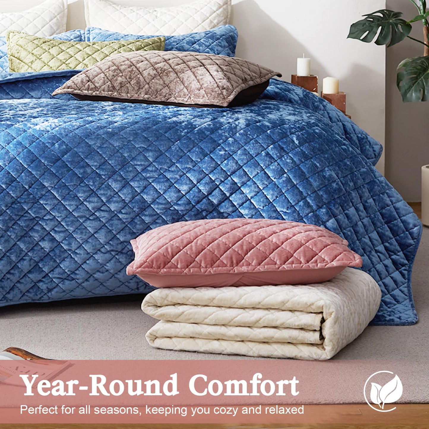 Cosybay Luxury Velvet Quilt Set Queen, Lightweight Oversized Bedspread Coverlet Quilted Box Stitch Bedding Set, with 2 Matching Pillow Shams, for All Season, Rose Pink
