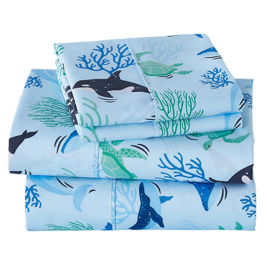 Viviland 3 Pieces Boys Blue Ocean Twin Sheet Set - Soft Microfiber Fitted Flat Sheets & Pillowcase - Blue Ocean Whales, Sea Turtles, Marine Organisms Bedding Sets - for Kids & Toddlers