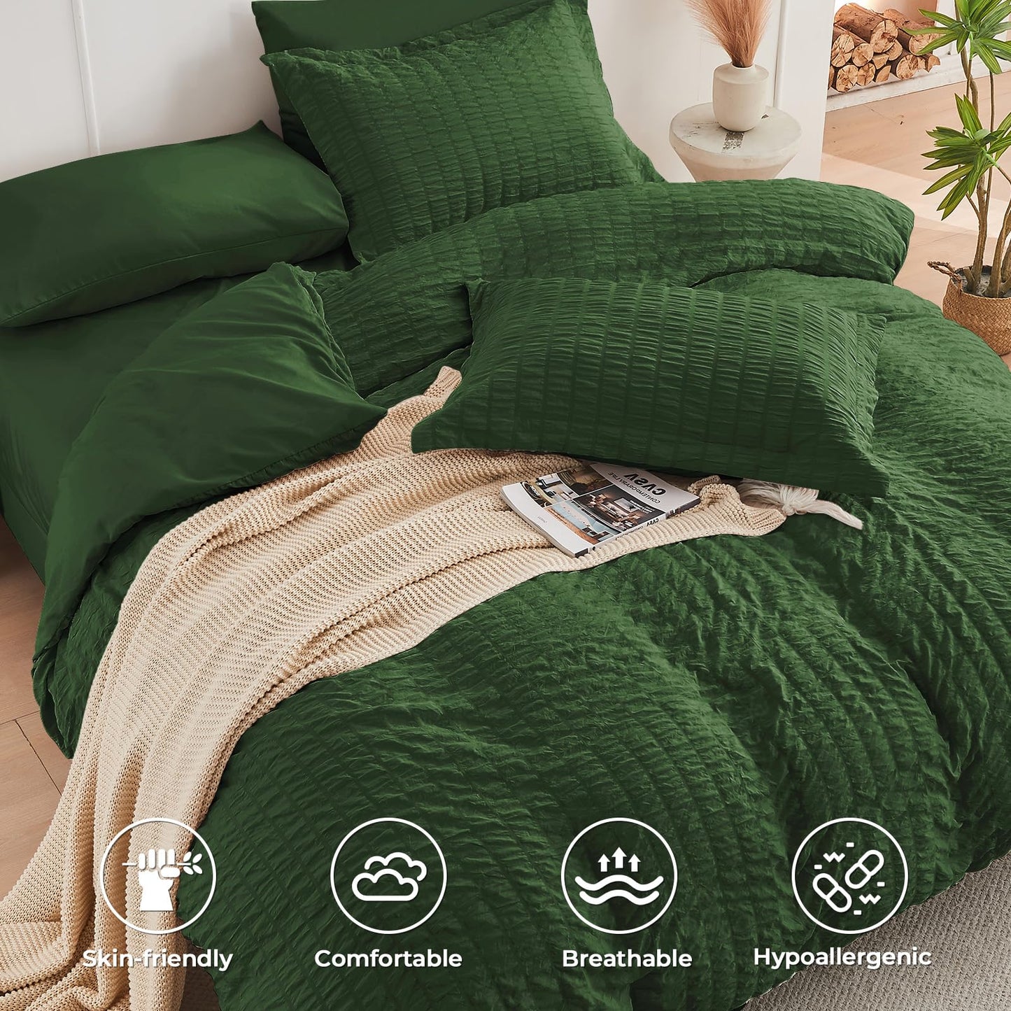 HYMOKEGE Dark Green Twin Comforter Set Seersucker 5 Pieces, All Season Luxury Bed in a Bag Queen for Bedroom, Bedding Set with Comforter, Sheets, Pillowcase & Sham