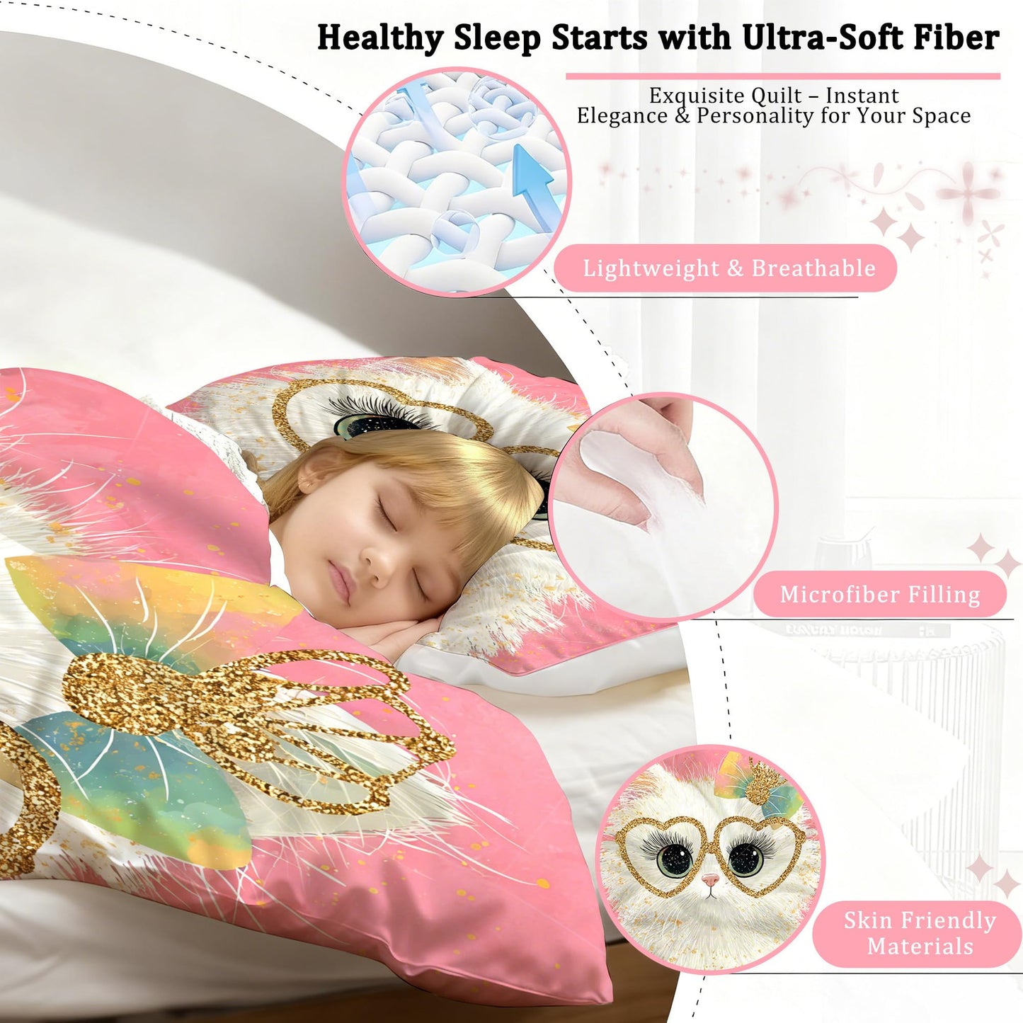 VTKON Cute White Cat Bedding Set Twin Size Pink Glitter Heart Glasses & Rainbow Bow Comforter Set Kawaii Cat Print Bed Set for Girls Bedroom Kitten Toddler Quilt Set with 1 Comforter + 1 Pillowcase