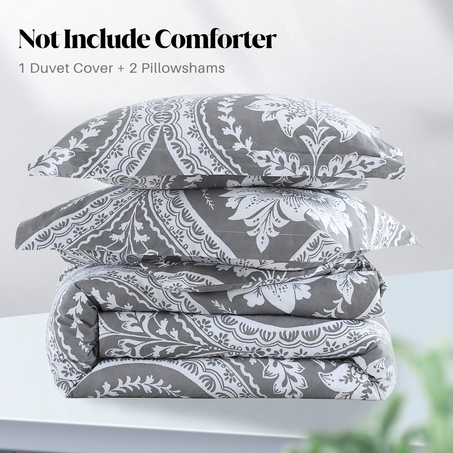 CozyDH Cotton King Size Duvet Cover Paisley Print, Reversible Damask Medallion Percale Duvet Cover Set 3pcs Bed Cotton Quilt Cover, Cotton Soft Breathable Bedding (King, Grey White Floral)