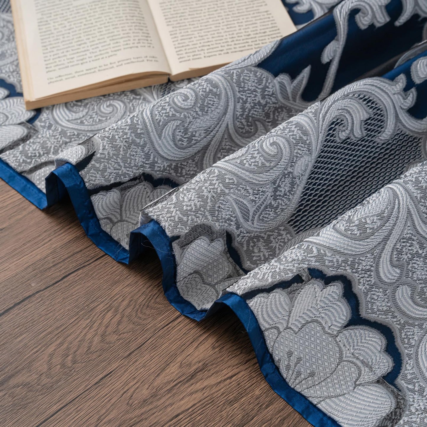 Petrichor Navy Sheer Jacquard Voile Curtains （54" W x 84" L）, 2 Panels with Attached Valance, Double Layer Floral Cutwork Design with Luxurious Texture, Rod Pocket, for Bedroom & Living Room
