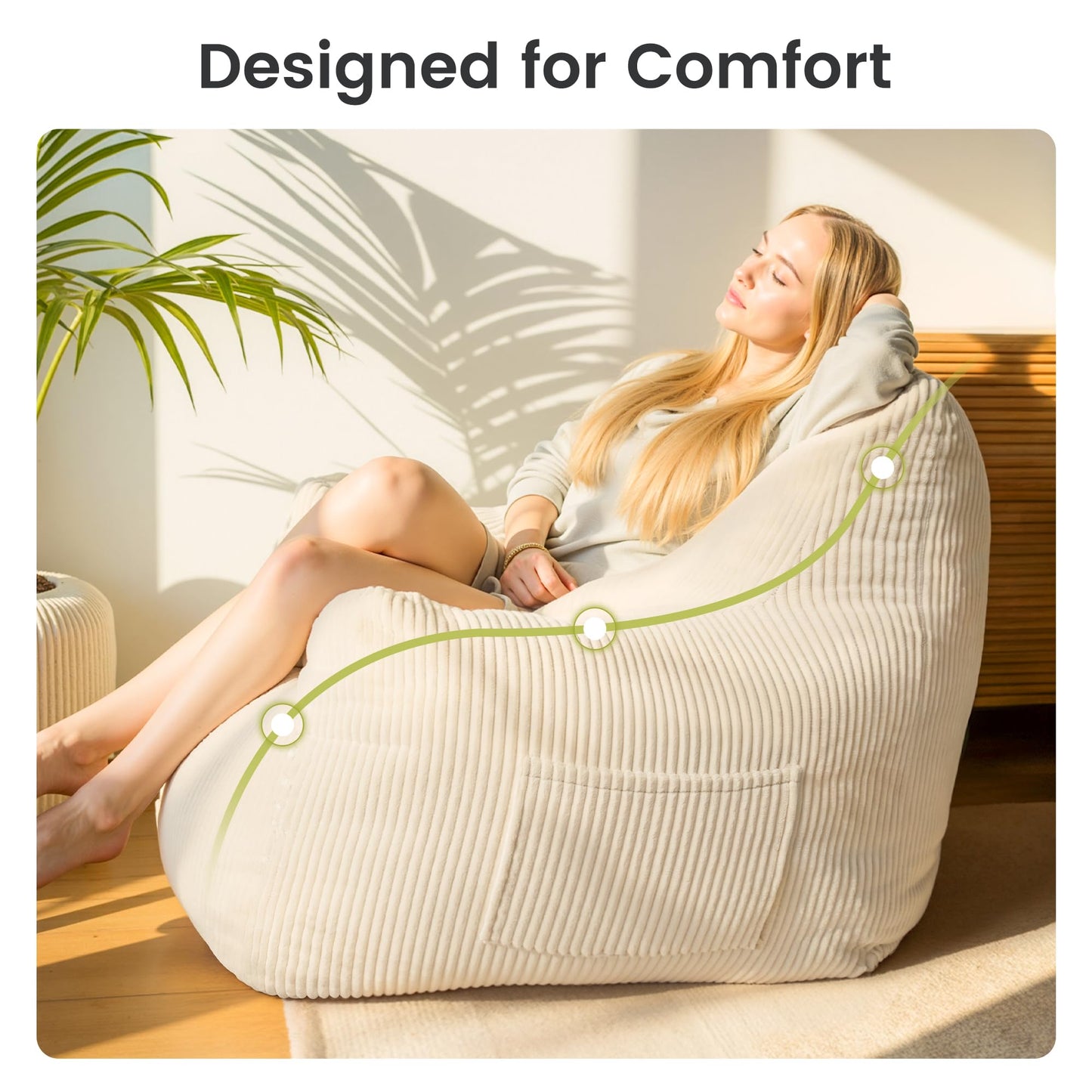 Fkhouse 59" Bean Bag Chair,2 Seat Loveseat Sofa,Corduroy Lazy Sofa Bed for Adults,Fit Living Room, Bedroom,Outdoor Spaces,Ultra Soft Dutch Velvet,Fluffy Comfort Cover,White