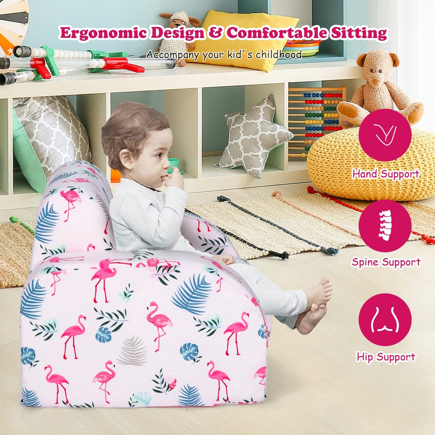 HONEY JOY Kids Sofa, 3-in-1 Convertible Children Folding Sofa & Comfy Flip Open Lounger Chair for Play, Foam Toddler Couch Fold Out, Gift for Boys Girls (Pink)