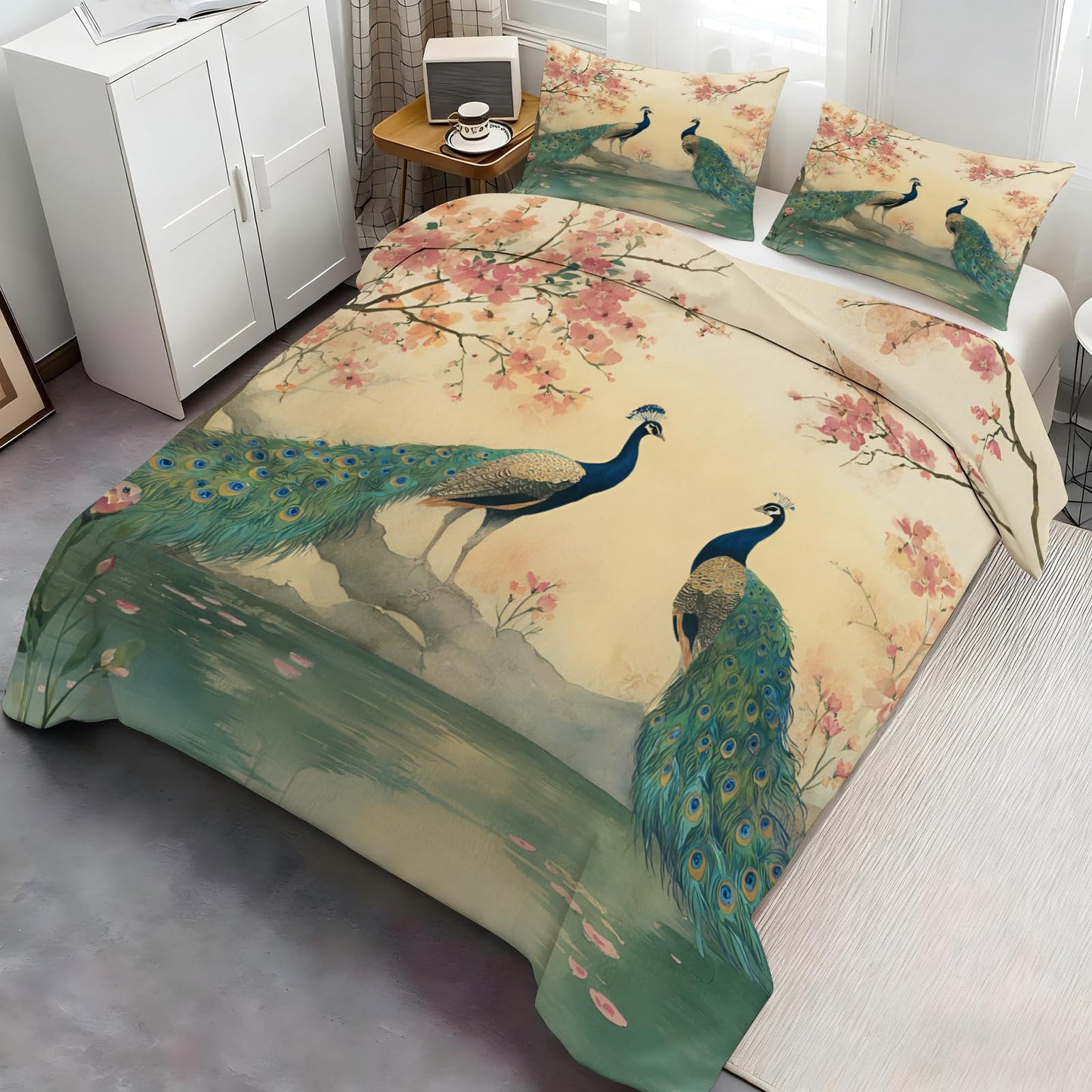 Peacock Duvet Cover Twin Size, Retro Bird Animal Comforter Cover 68" x 90", Oriental Floral Bedding Set with 2 Pillowcases