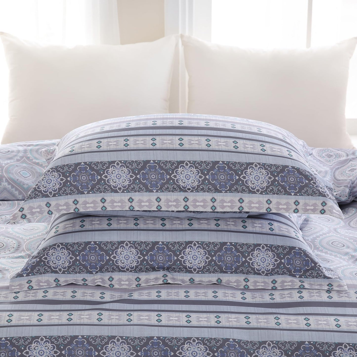 Ocharo Boho Duvet Cover King Size 100% Cotton,Reversible Duvet Cover Set with Bohemian Floral Striped Printed,Soft 3 Pieces Paisley Pattern Duvet Bedding Cover Set with 2 Pillow Shams,Grey Purple