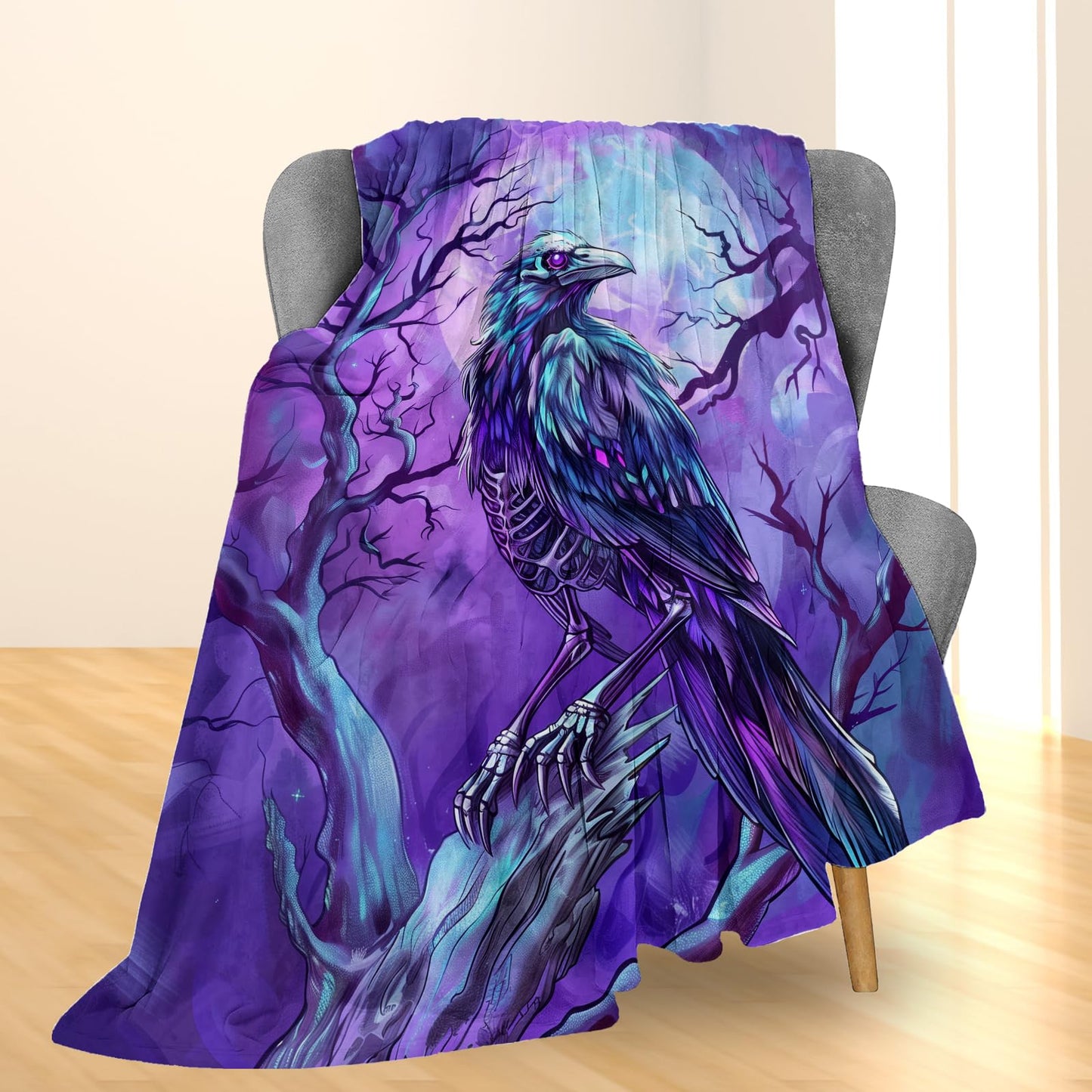 Ti Caldi Mystical Raven and Full Moon Blanket | Soft Warm Fuzzy Lightweight Flannel Throw Blanket for Couch, Bed, Halloween Decor, Travel & Outdoor Use, Cozy Blankets for Adults Women Men 60×50 in