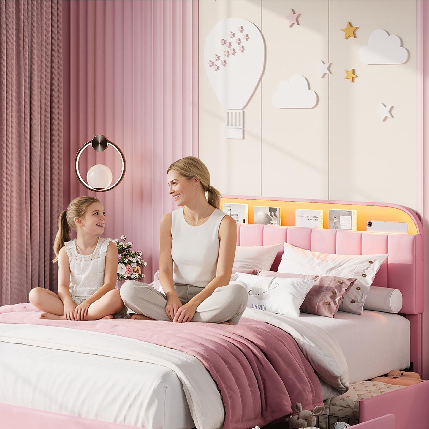 Garvee Full Size Bed Frame with 2 Flexible Drawers, Velvet Upholstered Platform Bed Frame with Bookcase Headboard and LED Lights, Kids Bed for Girls, Easy Assembly, Noise Free, Pink